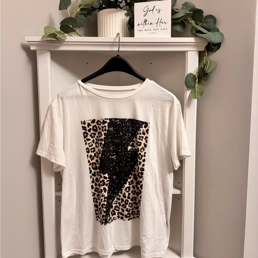 White Short Sleeve Tee with Leopard & Black Lightning Graphic